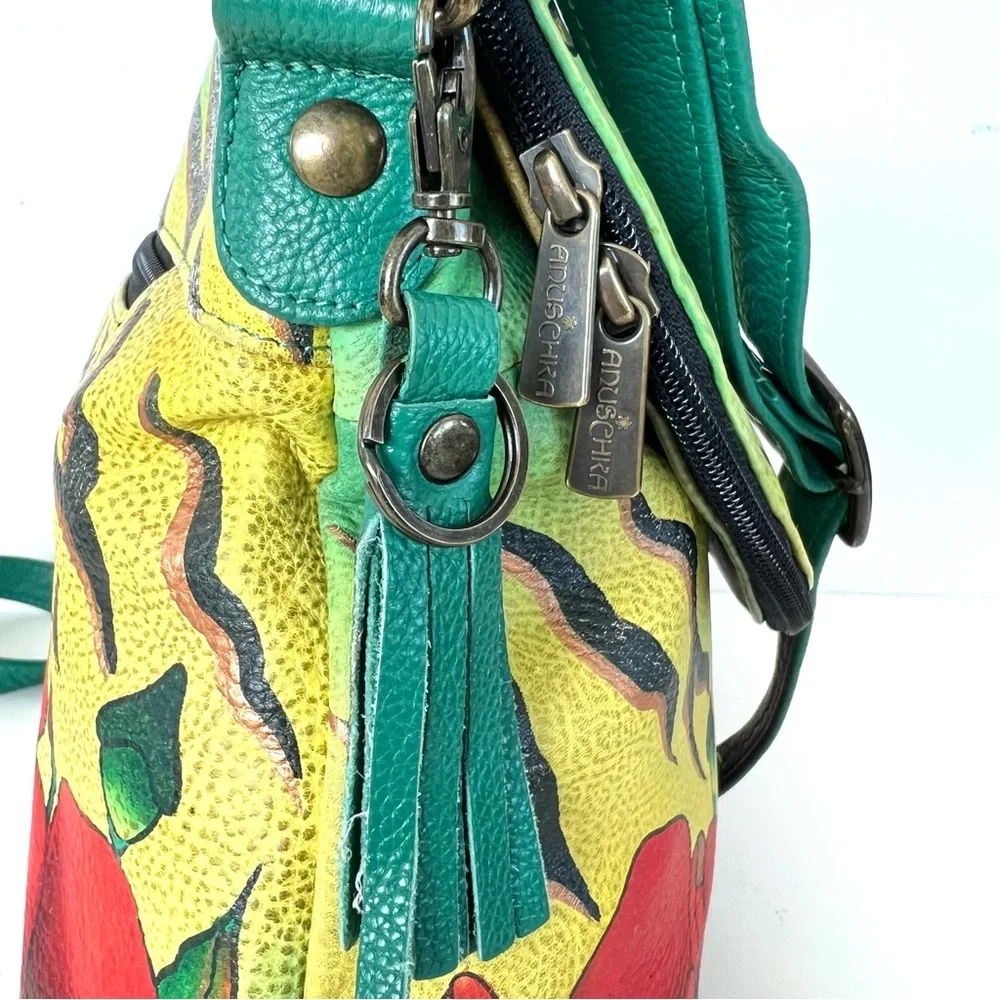 ANUSCHKA Multicolor Hand Painted Leather Wallet w Shoulder Bag Crossbody Satchel